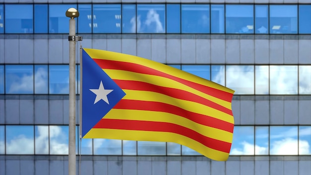 Catalonia independent flag waving in modern skyscraper city