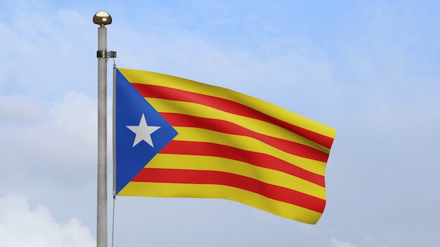 Catalonia independent flag waving in wind with blue sky cloud. Catalan estelada banner blowing soft silk. Cloth fabric texture ensign background. Use it for national day and country occasions concept.