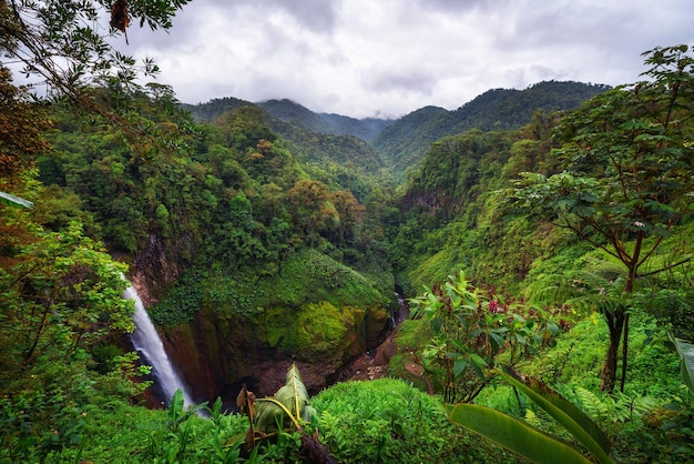 Catarata del Toro waterfall with surrounding mountains in Costa Rica