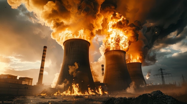 Photo catastrophic failure at a power station as a turbine breakdown triggers an explosive eventleading to the crumbling of critical infrastructure and causing chaos and damage at the site