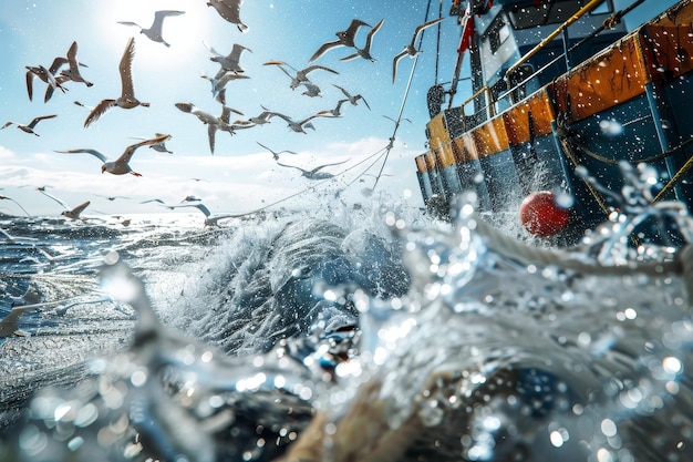 Photo catching seafood in the ocean on boats generative ai