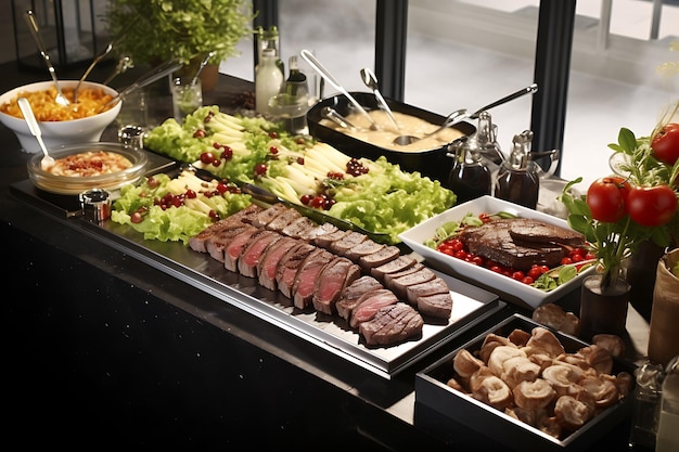 Catering buffet food indoor in luxury restaurant with meat and vegetables