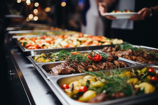 Catering buffet food indoor in restaurant with grilled meat