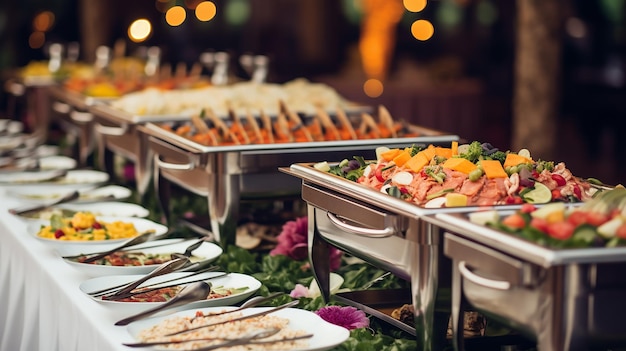 Catering buffet food indoor in restaurant with meat colorful fruits vegetables and meals