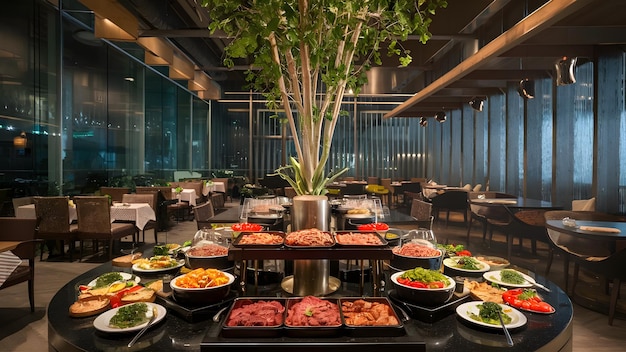 Catering buffet food indoor in restaurant with meat colorful fruits and vegetables