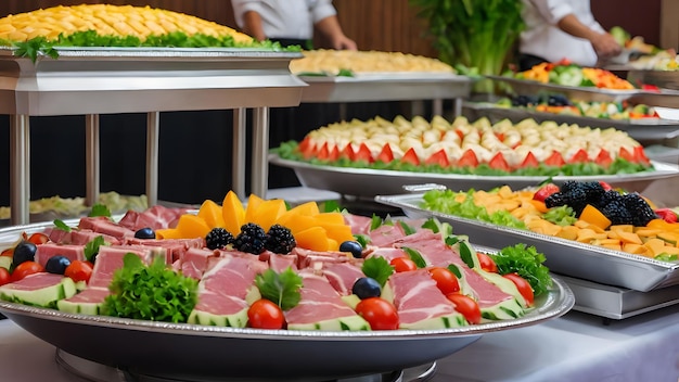 Photo catering buffet food indoor in restaurant with meat colorful fruits and vegetables