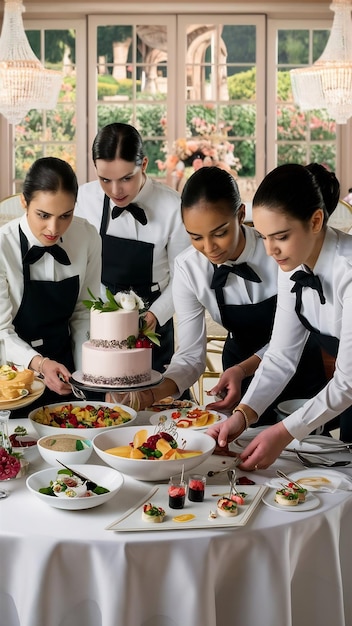 Catering staff working on food presentation