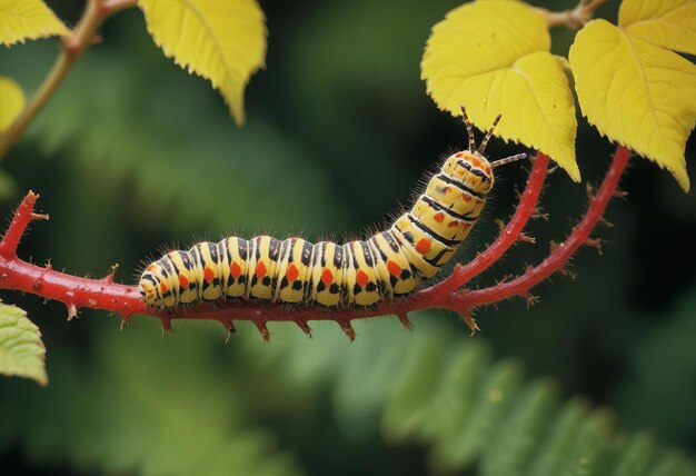 Photo a caterpillar hanging on the stem of a plant