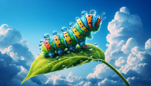 a caterpillar on a leaf with water drops