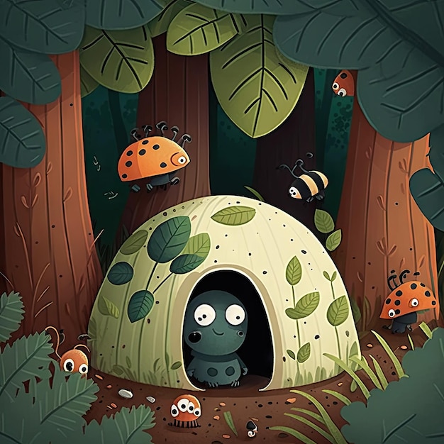 Caterpillar in mushroom house cartoon funny insect in fairy tale forest children books scene ai generated image Picture book style scene with bugs and insects in leaves wildlife creatures