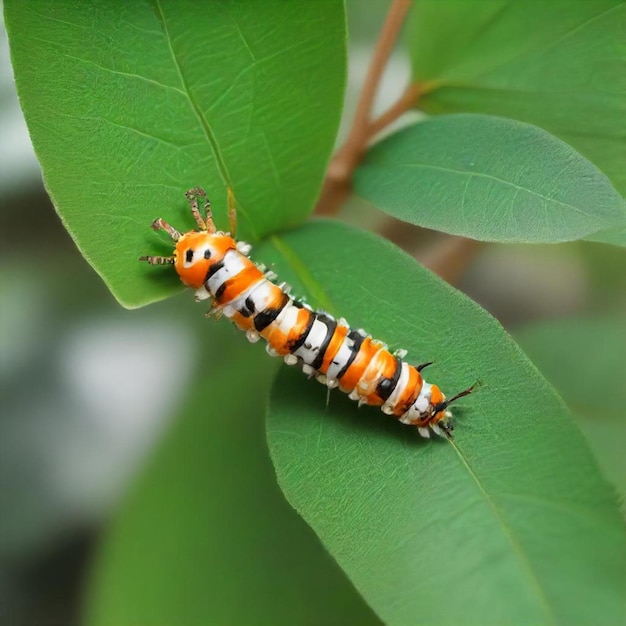 a caterpillar that is on a green leaf