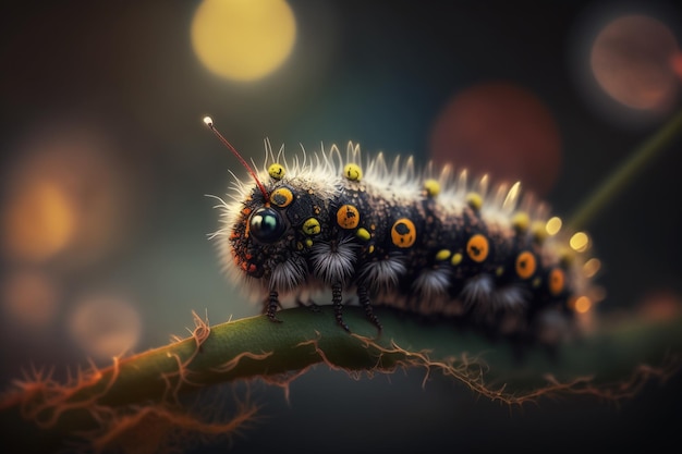 A caterpillar with yellow eyes is sitting on a green leaf.