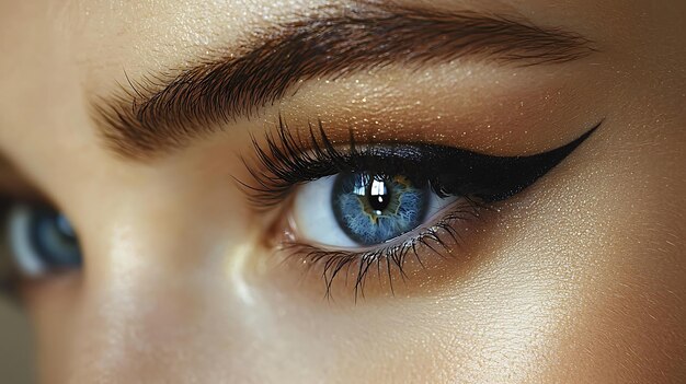 Photo cateye makeup sharp winged eyeliner dramatic lashes sultry gaze seductive beauty closeup of eyes