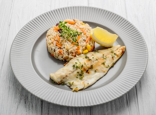 Catfish Fillet with Plum Sauce, Jasimine rice and vegetables.