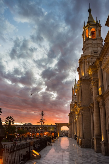 The Cathedral of Arequipa, Peru, at dusk