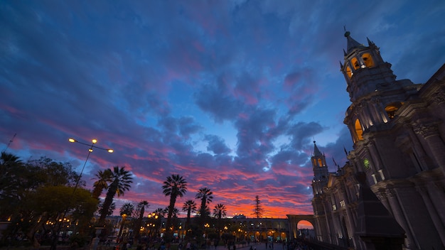 Cathedral of Arequipa, Peru, stunning sky at dusk