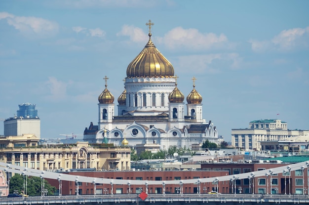 Cathedral of Christ the Savior in Moscow close-up on the background of modern buildings, Russia