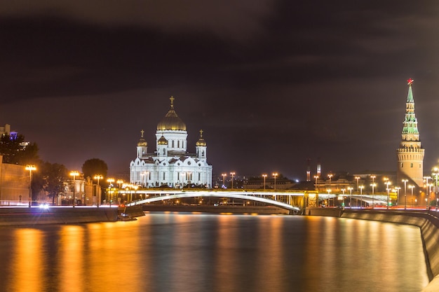 Cathedral of Christ the Savior and Moscow river at night