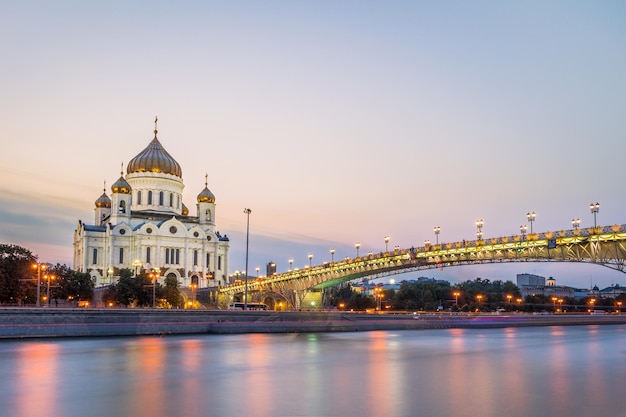 The Cathedral of Christ the Savior, Patriarshy bridge and Moskva-river on a sunset