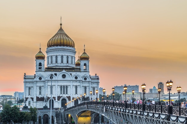 The Cathedral of Christ the Savior and Patriarshy bridge on a sunset. Moscow, Russia.