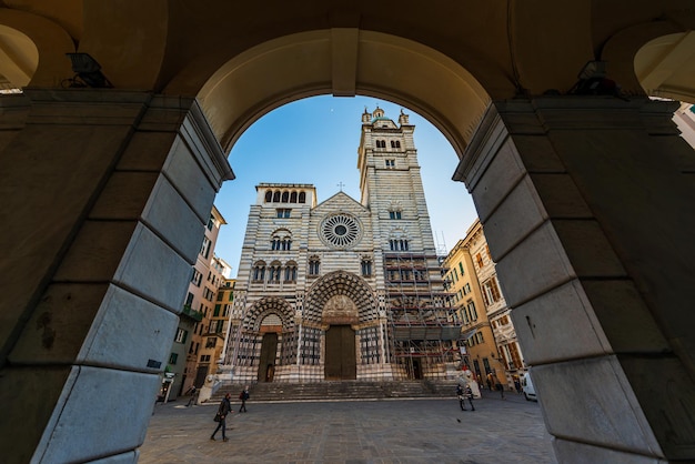 The Cathedral of Genoa dedicated to San Lorenzo in the old town with its typical black and white stripes