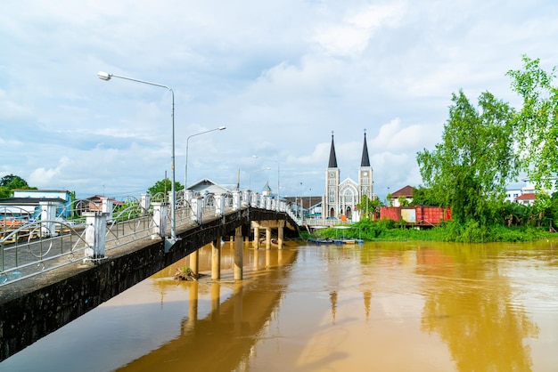 Cathedral of the Immaculate Conception with Niramon bridge at Chanthaburi in Thailand