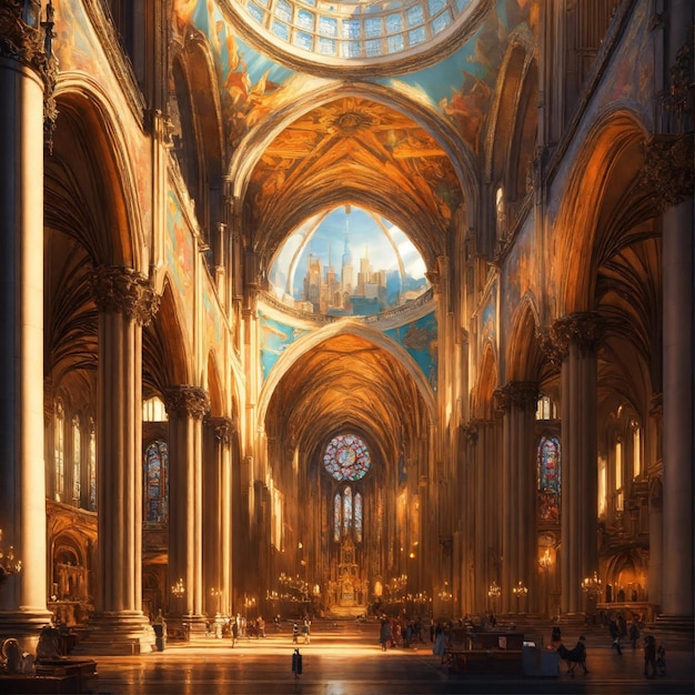 a cathedral with a large ceiling with a stained glass window