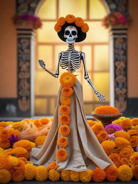 Catrina at the altar with cempasuchil flowers and chopped papers day of the dead celebration