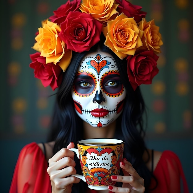 Photo catrina with dia de muerto mug