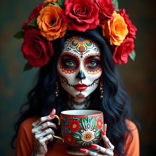 Photo catrina with dia de muerto mug