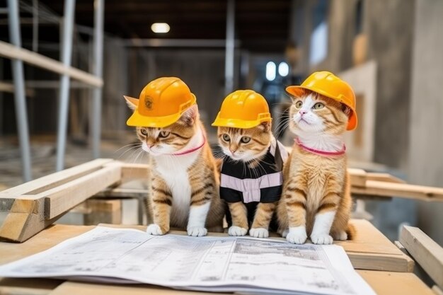 Photo cats are working in construction site wearing job clothes generative ai