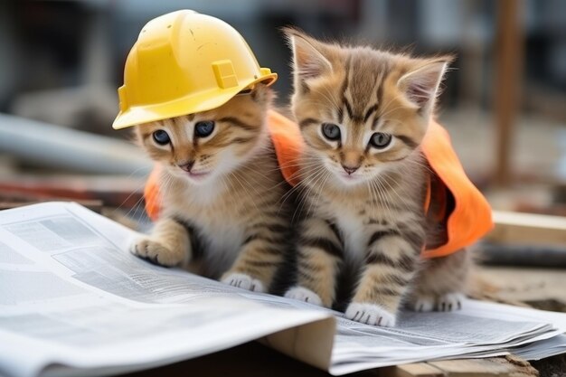 Photo cats are working in construction site wearing job clothes generative ai