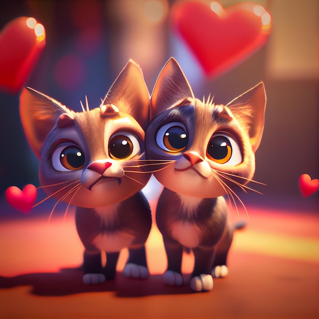 Cats couple in love with hearts valentine's day card 3d render illustration