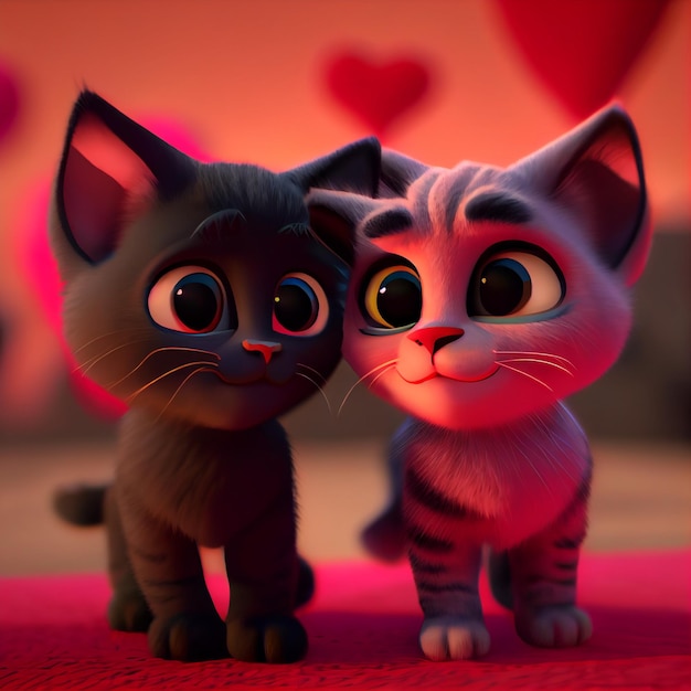 Cats couple in love with hearts valentine's day card 3d render illustration