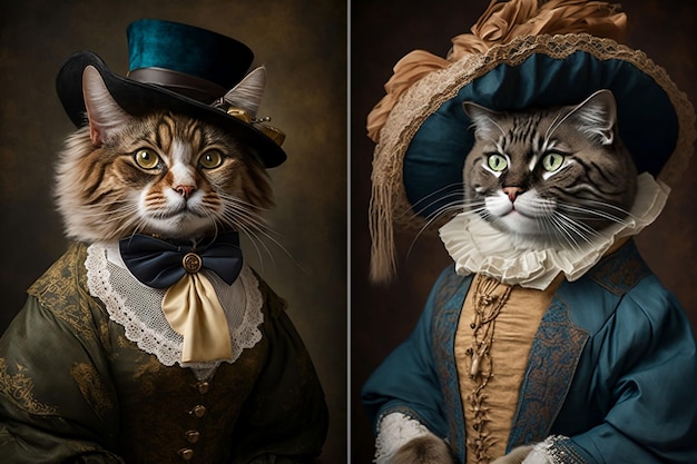 Cats dressed in vintage clothes in Victorian style portrait in the style of the 19th century