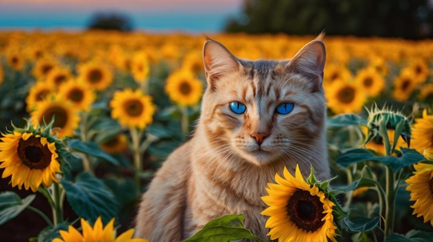 Photo a cats grace among sunflowers