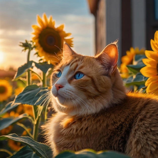 Photo a cats grace among sunflowers