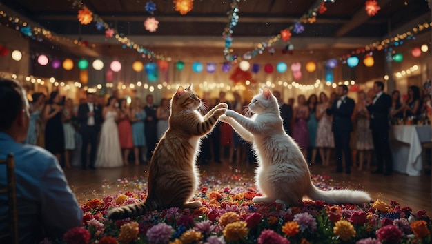 Cats Meow Wedding Charming Feline Couple Dances Amidst Festive Lights and Floral Splendor