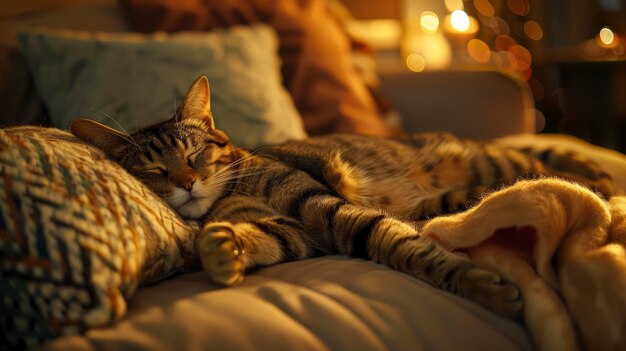 Cats paws with a sleeping cat on the couch cozy living room with warm ambient lighting