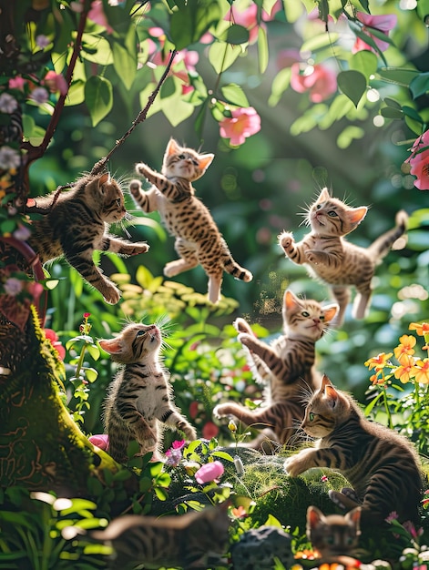 Photo cats playing in the garden ai generative