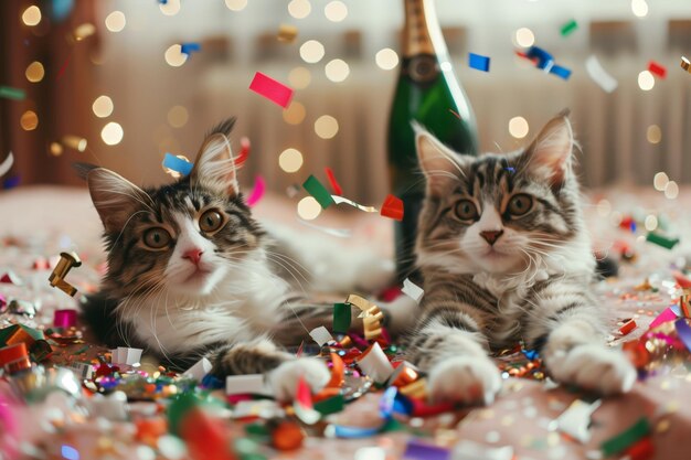 Photo cats playing with confetti streamers