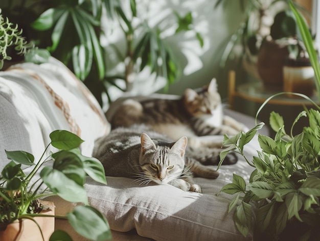 Cats Relaxing Among Houseplants