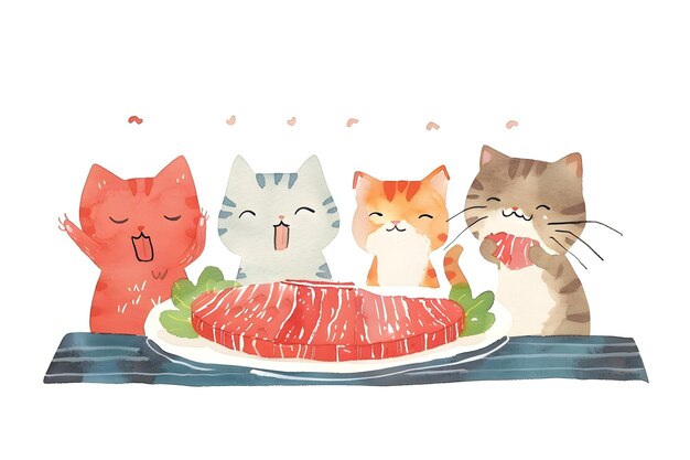 Cats Sharing a Delicious Steak Meal in a Minimalist Watercolor Textured