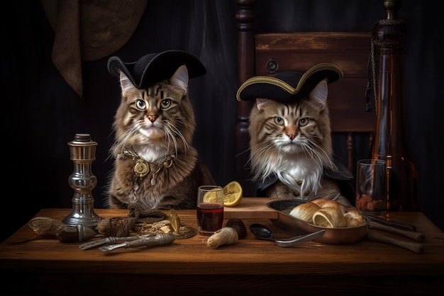 Cats wearing vintage outfit sitting in old tavern funny pets generative AI