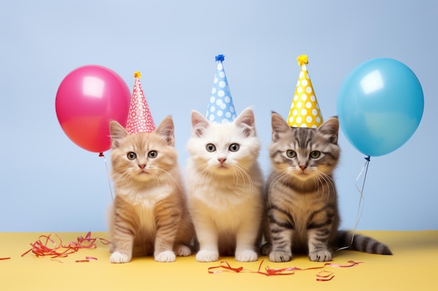 Cats with party hats and balloons celebrate life on blue and yellow background Generative AI