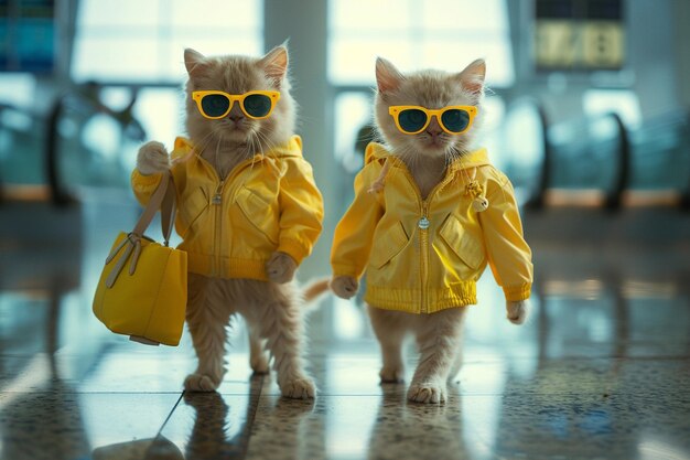 Photo cats yellow clothing with yellow sunglasses