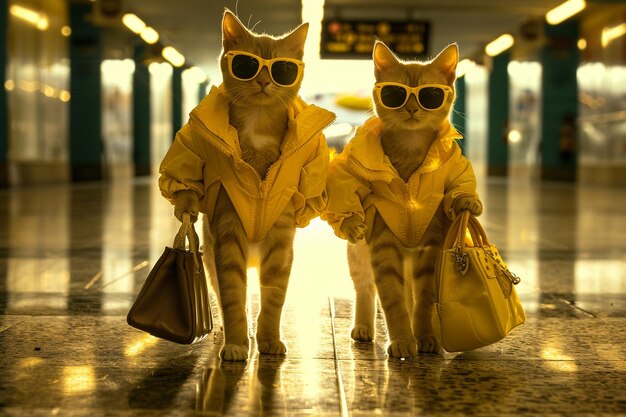 Photo cats yellow clothing with yellow sunglasses