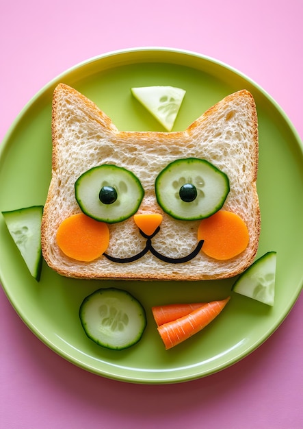 Photo catshaped sandwich with cucumber and carrot on green plate