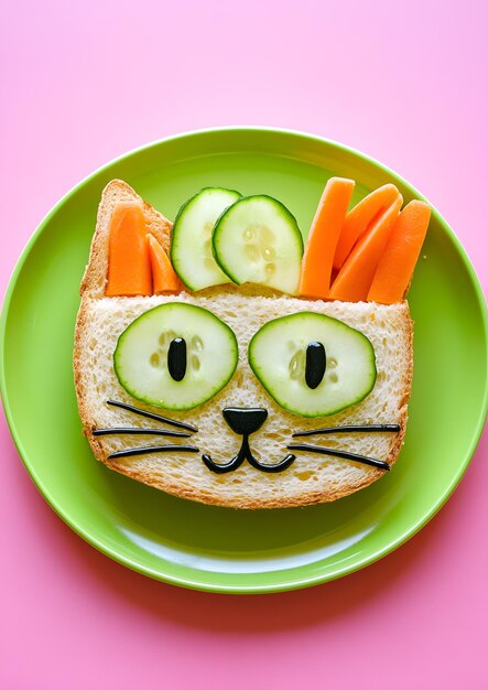 Photo catshaped sandwich with cucumber and carrot on green plate