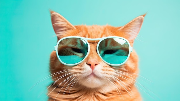 Cattastic humor Closeup portrait of a cute funny ginger cat donning sunglasses isolated